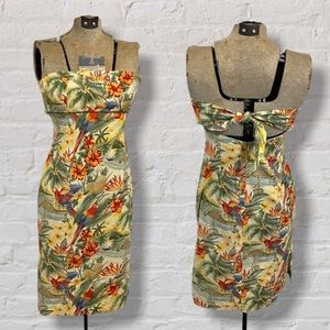 Y2K Love Life Sleeveless Tube Top Yellow Green Floral Tropical Mini Dress